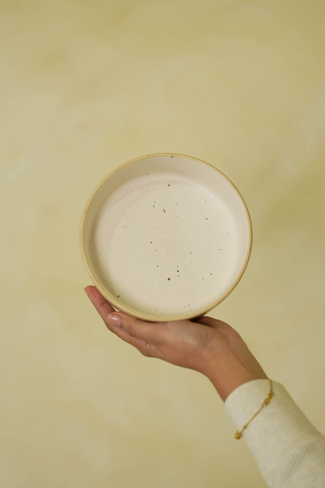 Hand holding a ceramic plate against a plain background