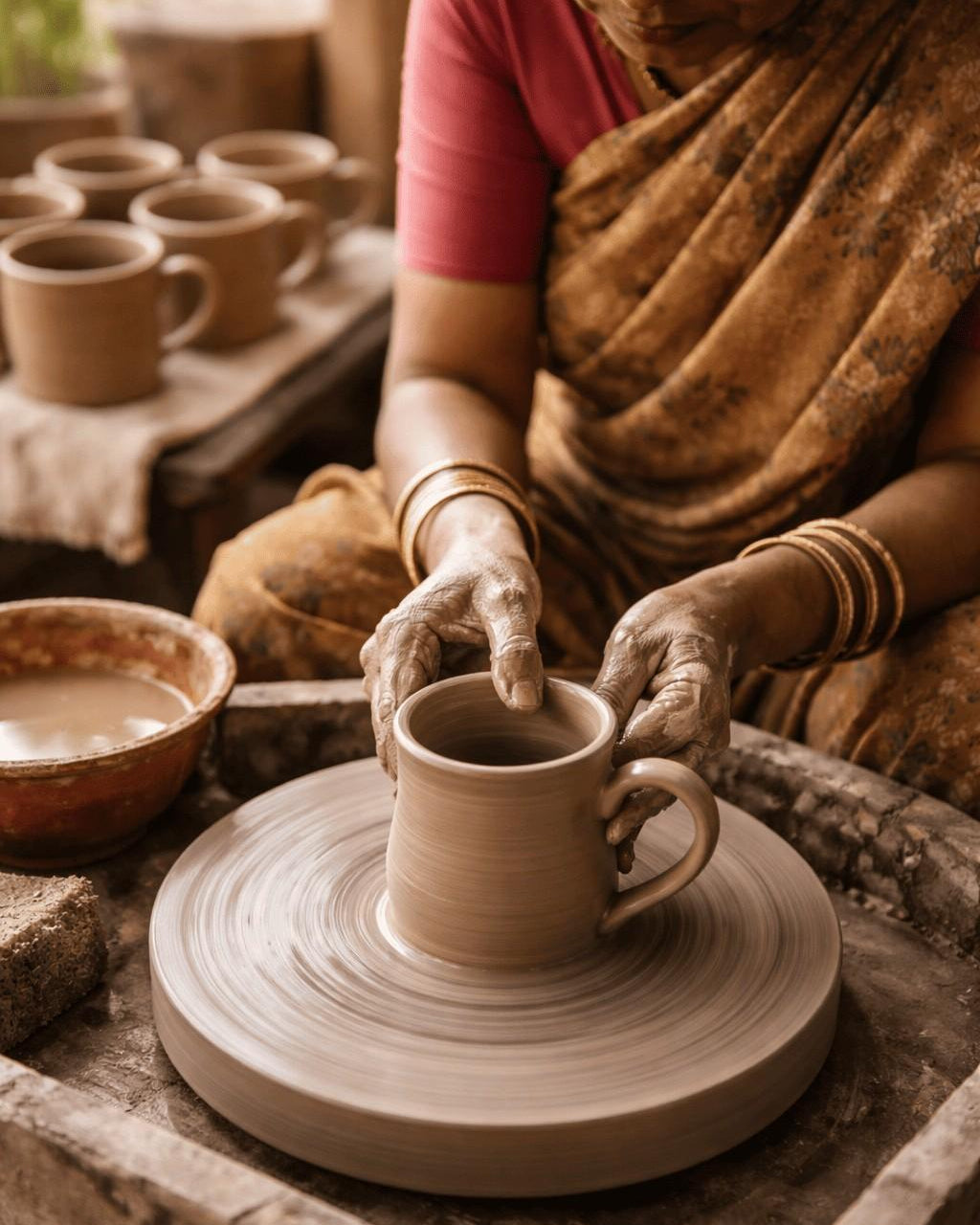 Person working with clay on a pottery wheel in a workshop setting