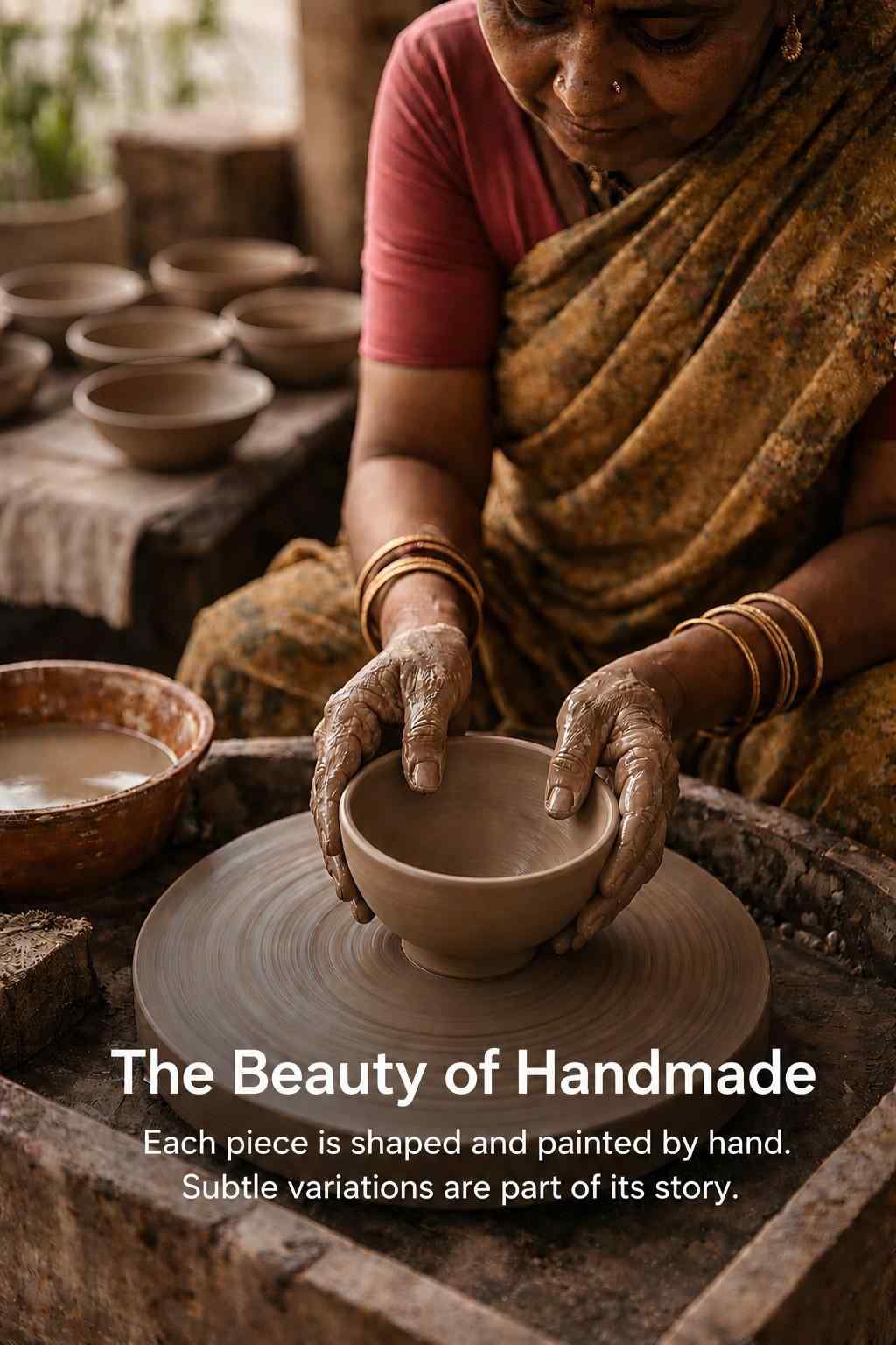 Person working with clay on a pottery wheel in a traditional setting.