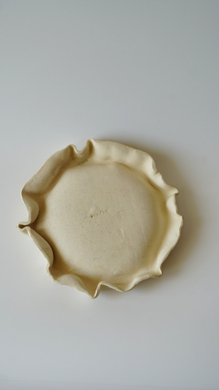 An uncooked pie crust with a fluted, crimped edge, photographed from directly above on a clean, light gray background.